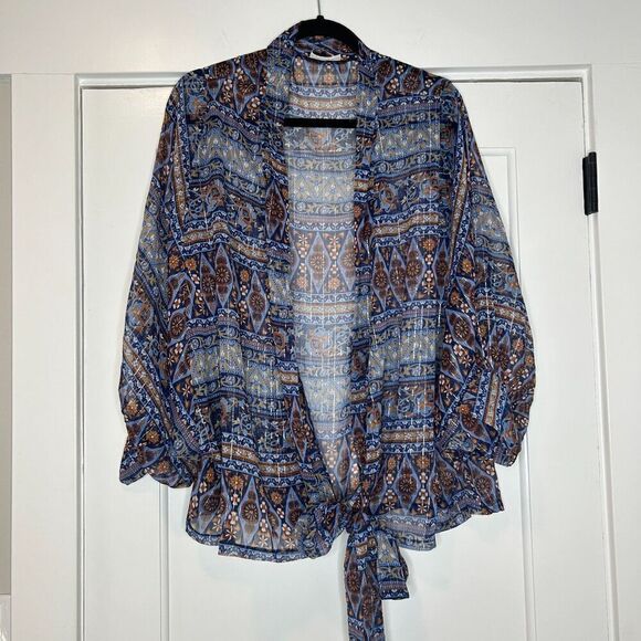 Free People Solstice Shimmer Tie Front Kimono Geometric Blue Shimmer - Picture 4 of 8